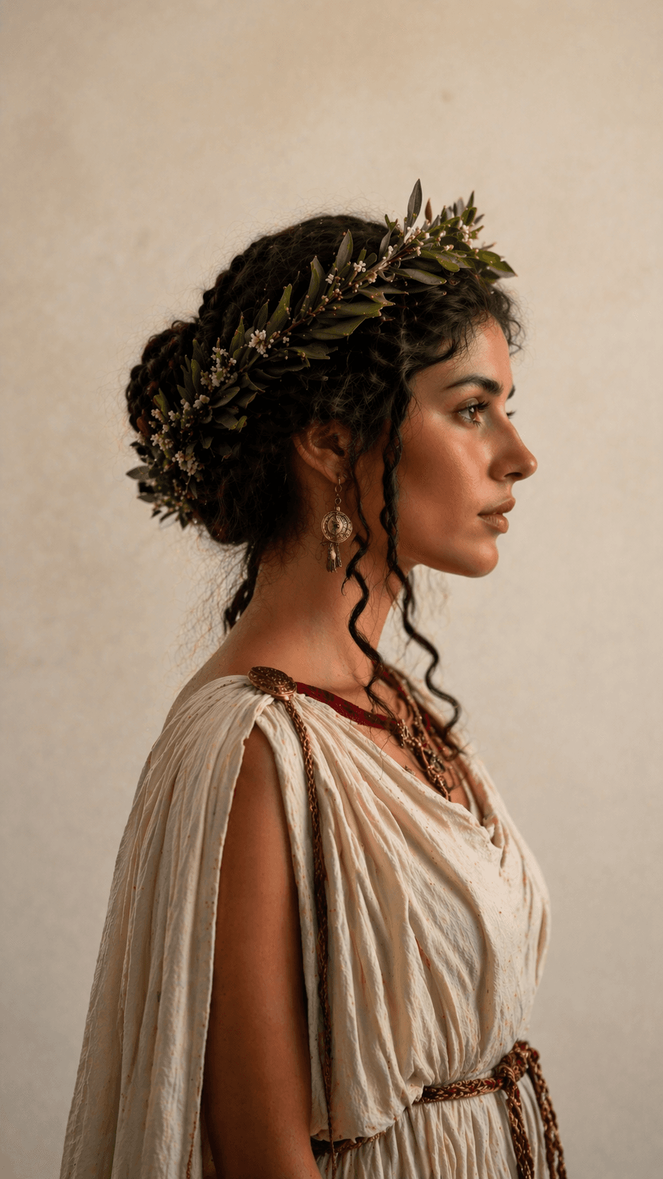 Novia de ascendencia griega con corona de flores en la cabeza