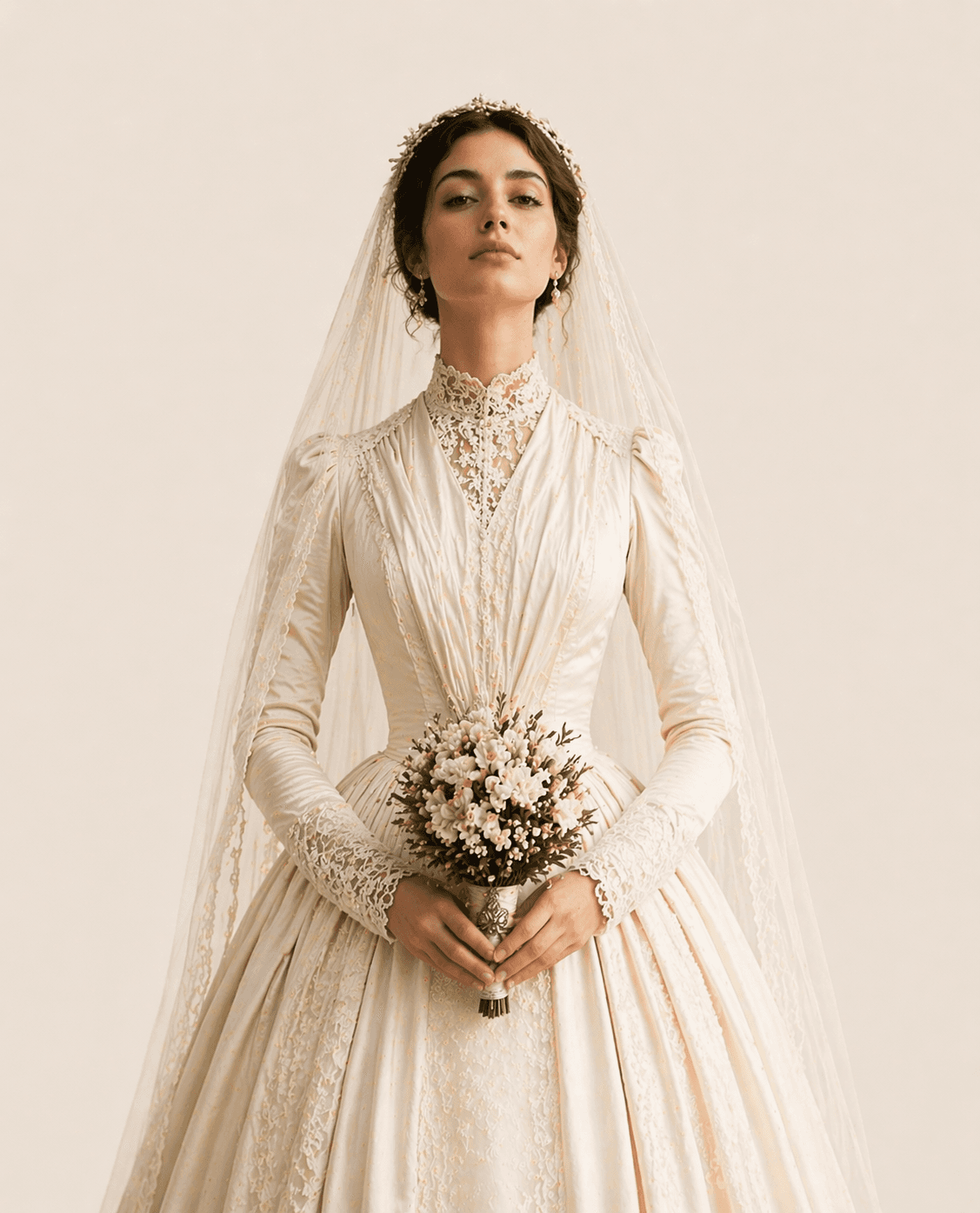 Novia victoriana con ramo estructurado